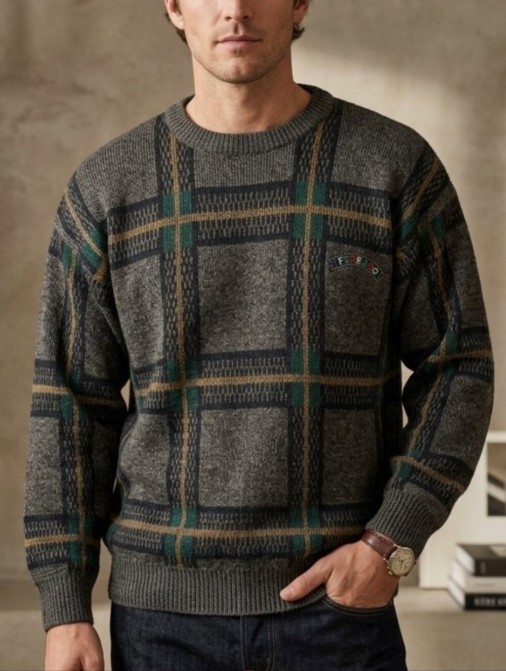 Vintage 80s Ferraro Checkered Pattern Pullover Sweater